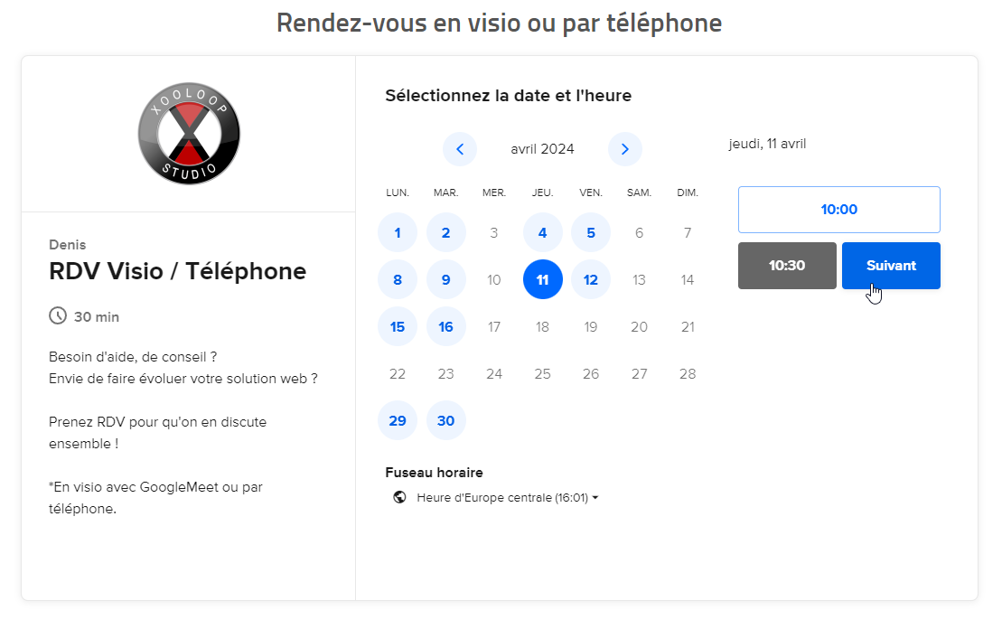 Exemple de formulaire de prise de RDV proposé par Xooloop Studio