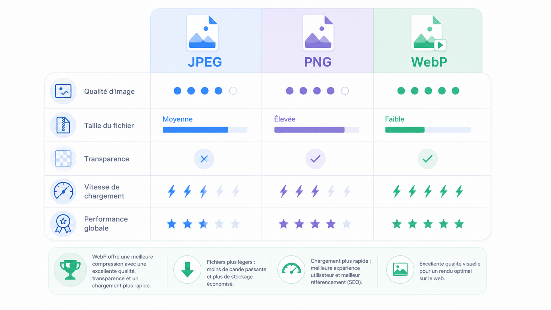 tableau comparant des formats JPEG, PNG et WebP